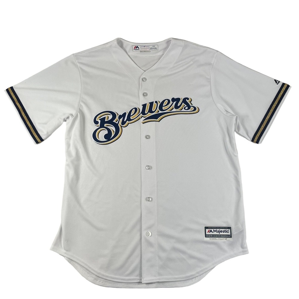 Majestic Cool Base Milwaukee Brewers White Blank Jersey Stitched Mens Sz LG EUC